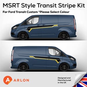 May include: Two blue Ford Transit vans with black and yellow stripe kits. The text "MSRT Style Transit Stripe Kit" and "For Ford Transit Custom *Please Select Colour" are at the top. The logo for ARLON is at the bottom.