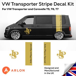 May include: Black VW Transporter van with gold "John Player Special" decals and stripe kit. The kit is designed for VW Transporter and Caravelle T5, T6, and T7 models. Includes the text "Designed and Manufactured in the UK".