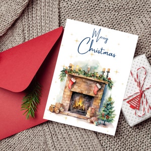 Fireside Greetings - Pacote de cartões de Natal digitais - 4 cartões de Natal - planos e dobráveis - Cartão de Feliz Natal - Cartão de lareira