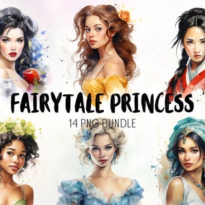 以下が含まれることがあります： おとぎ話のお姫様を水彩で描いたイラスト14点のデジタルアートプリントセットです。お姫様は、長く流れるような髪、複雑な衣装、繊細な特徴で描かれています。作品は、白い背景に色の飛沫が散りばめられています。