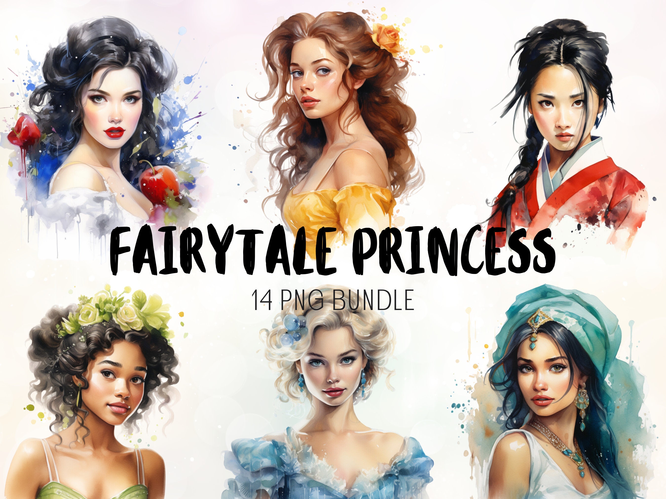 Watercolor Princess Clipart: Fairytale Floral PNG Bundle (digital ...