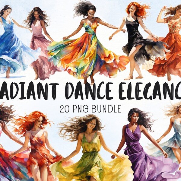 Radiant Dance Elegance: 20 Watercolor Women In Dress Dancing PNGs Clipart Bundle - Dancing Clipart