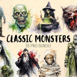 Watercolor Classic Monsters: Halloween Clipart Collection - 25 Halloween PNG - Frankenstein - Ghost - Zombie - Vampire - Witch - Mummy PNG