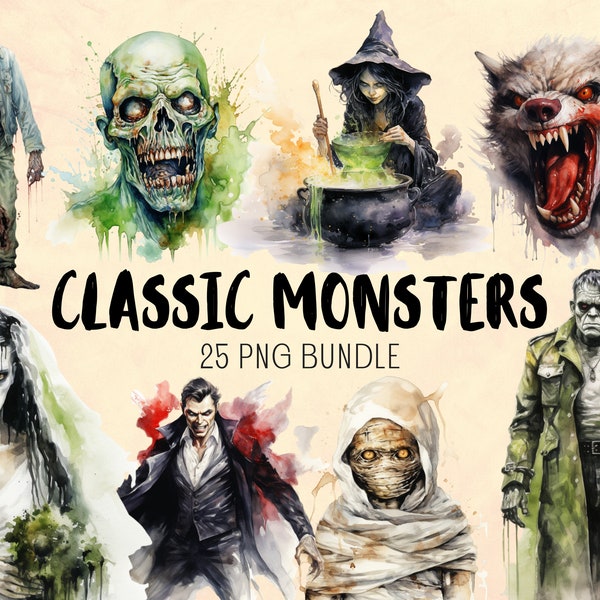 Watercolor Classic Monsters: Halloween Clipart Collection - 25 Halloween PNG - Frankenstein - Ghost - Zombie - Vampire - Witch - Mummy PNG