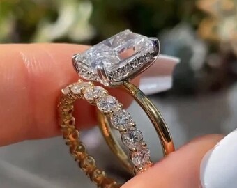 4 Ct Radiant Cut Moissanite Engagement Bridal Set Ring 14K Solid Gold Hidden Halo Wedding Ring Eternity Round Band Anniversary Gift For Her