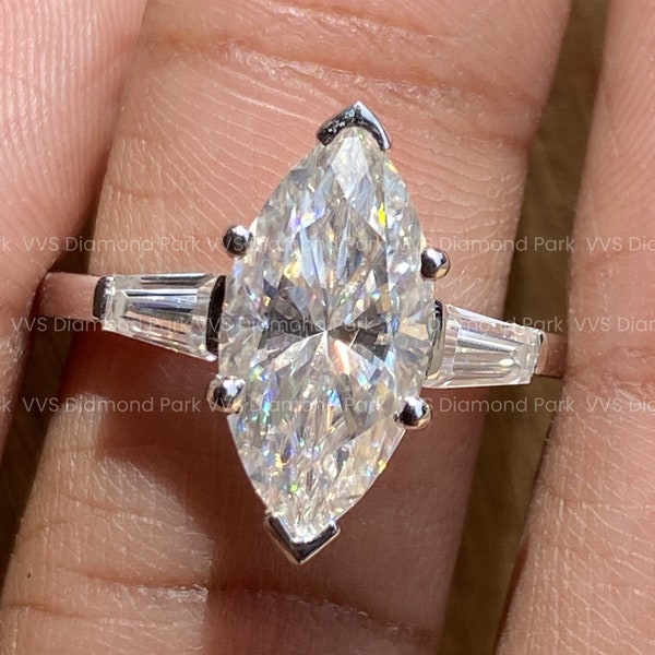 2 Ct Marquise Drei Stein Moissanite Ring, 10K solid Gold 3 Stein Verlobungsring, Seitenstein Kegel Baguette Ring, Einzigartiger Jubiläumsring