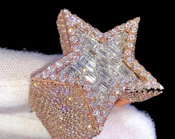 Heren volledige Iced Out Star Ring, 925 Sterling Zilver Baguette en Ronde Moissanite Diamond Star Hip Hop Ring, Bust Down Bling Ring, Pinky Ring