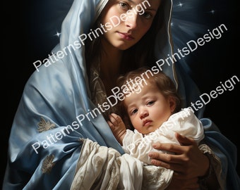 Mother Mary Art | Instant download | High Definition AI generated artwork of Mother Mary holding baby Jesus Christ - Version 1