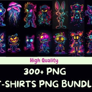 300+ T-Shirt PNG Bundle – Neon Glow Cartoon , Funny Graphic Design for Men, Women & Kids – Digital Download Clipart for Sublimation, DTF