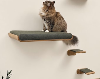 Wall-Mounted Cat Shelf with Steps, Natural Oak Veneer, Soft Upholstered Cushion