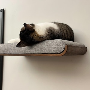 Op de afbeelding: Een grijze kat rust op een aan de muur gemonteerd kattenrek. De plank heeft een grijze stoffen kussen en een donkerhouten frame. De kat is bruin en wit, met zijn kop op het kussen. Op de achtergrond is een ingelijst kunstwerk te zien.
