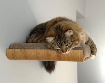 Cuccia sospesa per gatti, mensola da parete Japandi realizzata a mano, compensato con impiallacciatura di rovere, cuscino sfoderabile, mobile per gatti