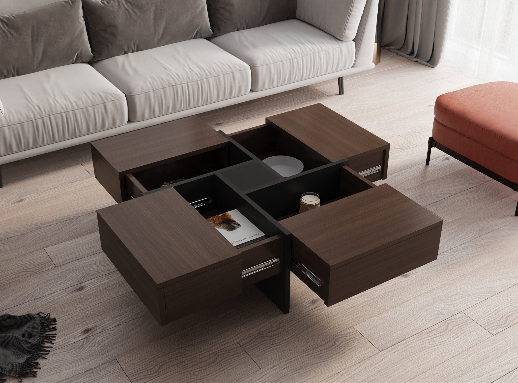 Dark Walnut Coffee Table With 4 Drawers for Living Room Table Etsy UK