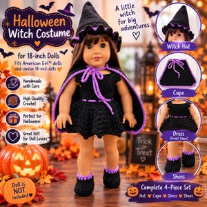 May include: A four-piece handmade crochet Halloween witch costume for 18-inch dolls, including a black and purple pointed hat, a tie-front cape, a dress, and shoes. The set features black yarn with purple trim accents, designed for American Girl dolls.