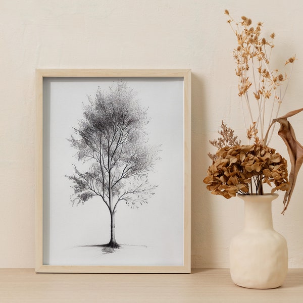 Ash Tree Pencil Drawing Print, Digital File, Minimalist Neutral Wall Decor Forest Sketch Printable Drawing Gift