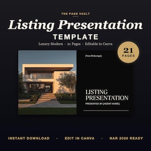 May include: A dark navy blue template for a real estate listing presentation. The text reads "Listing Presentation Template" with details like "Luxury Modern" and "21 Pages." The image includes a photo of a modern house.