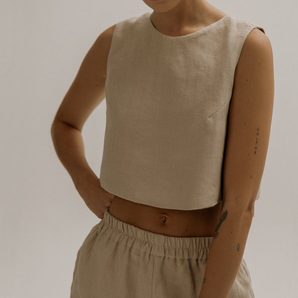 Natürliches Leinen Crop Top, Zweilagiges Leinen Top, Ärmellose Leinen Bluse, Ärmelloses Leinen Top, Minimal Sommer Top, Basic Leinen Top