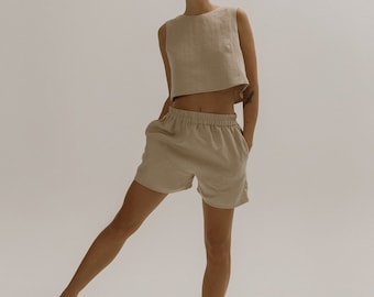 Ready to ship - Linen shorts in natural, light beige - High waisted linen shorts - Summer linen shorts - Beach linen