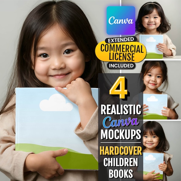 CANVA Book Mockup Bundle | Square Template for Kids Book | KDP A+ Content | Activity Coloring Book | Cute Asian Girls Child Model Picture