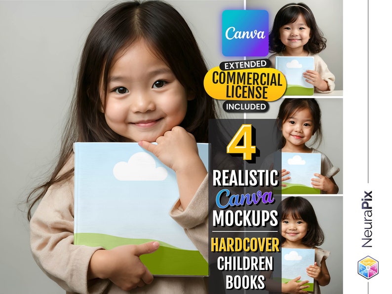Pu&ograve; includere: Quattro mockup realistici Canva di libri per bambini con copertina rigida, con diversi bambini che tengono i libri. I libri hanno un design con cielo blu, nuvola bianca ed erba verde. Il testo sull'immagine dice "4 mockup realistici Canva Libri per bambini con copertina rigida".
