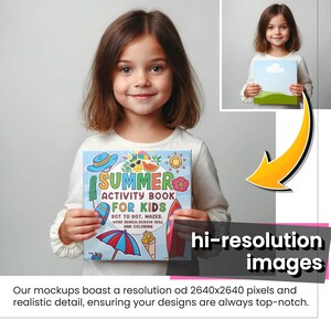 May include: A young girl holds a colorful book titled "Summer Activity Book for Kids". The book features a variety of activities, including dot-to-dot, mazes, word searches, scissor skills, and coloring.