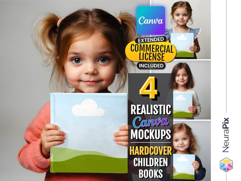 May include: Four realistic Canva mockups featuring hardcover children's books. Each mockup shows a child holding a book with a blue sky, white cloud, and green grass design. The text "4 Realistic Canva Mockups Hardcover Children Books" is displayed in yellow and purple.