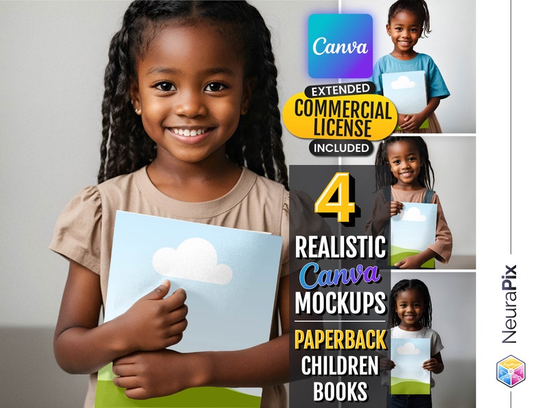 May include: Four realistic Canva mockups featuring children holding paperback children's books. The mockups are ideal for showcasing book covers and promoting children's literature.