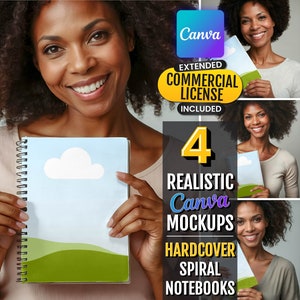 Op de afbeelding: Vier realistische Canva-mockups met hardcover- en spiraalnotitieblokken. De mockups tonen een persoon die de notitieblokken in verschillende poses vasthoudt. De tekst "EXTENDED COMMERCIAL LICENSE INCLUDED" wordt op de afbeelding weergegeven.