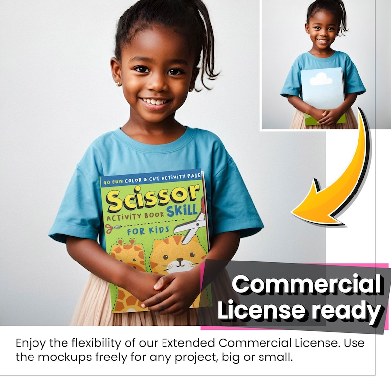 May include: A young person holding a book titled "Scissor Skill Activity Book for Kids". The book cover features a colourful illustration of a giraffe and a cat. The book is a fun colour and cut activity page.