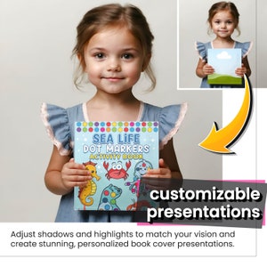 May include: A young girl holds a blue book with the title "SEA LIFE DOT MARKERS ACTIVITY BOOK". The book features colorful illustrations of sea creatures, including a crab, a seahorse, and a jellyfish. The book cover is decorated with colorful dots.