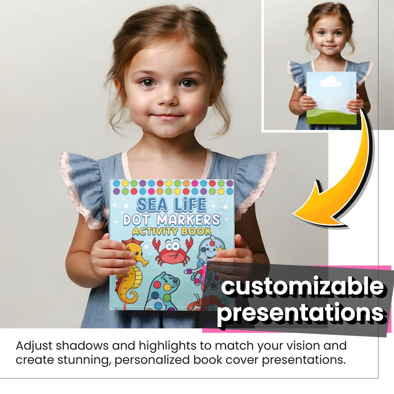 May include: A young girl holds a blue book with the title "SEA LIFE DOT MARKERS ACTIVITY BOOK". The book features colorful illustrations of sea creatures, including a crab, a seahorse, and a jellyfish. The book cover is decorated with colorful dots.