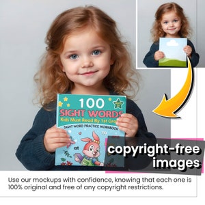 May include: A young girl holds a colorful book titled "100 Sight Words" with the subtitle "Kids Must Read By 1st Grade". The book cover features a cartoon bunny holding a book and the words "at" and "to".