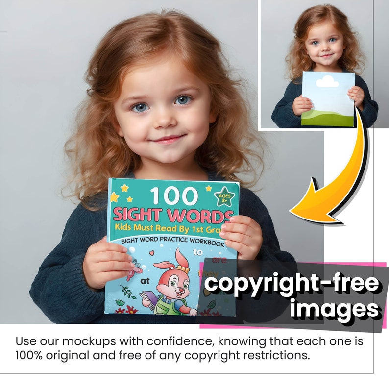 May include: A young girl holds a colorful book titled "100 Sight Words" with the subtitle "Kids Must Read By 1st Grade". The book cover features a cartoon bunny holding a book and the words "at" and "to".