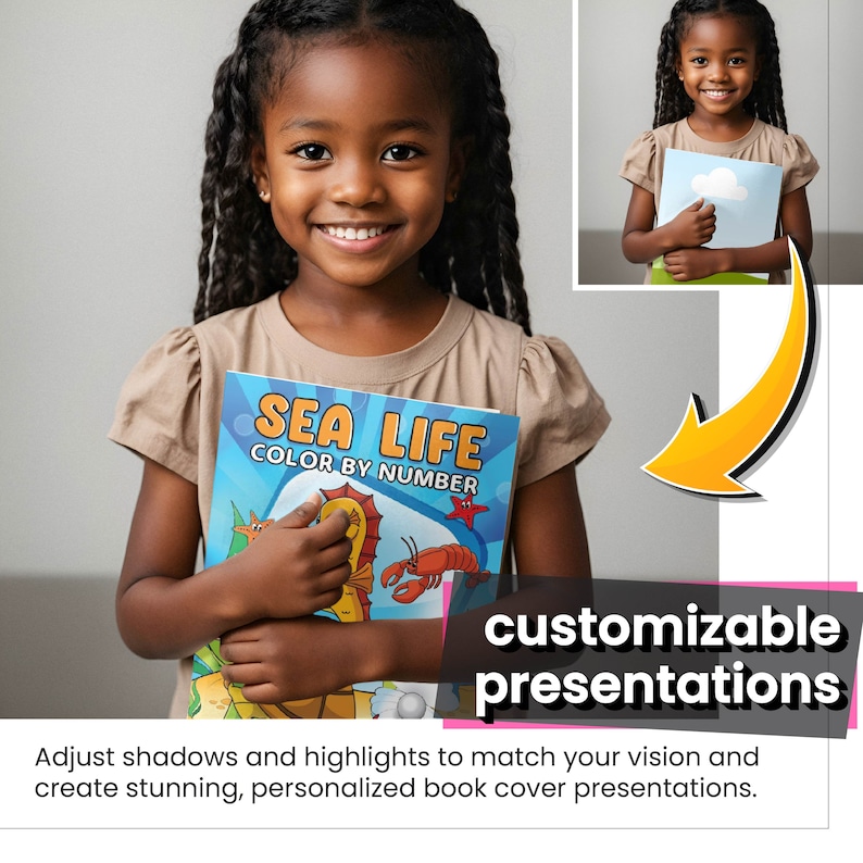 May include: A young girl is holding a book titled "Sea Life Color by Number". The book cover features a colourful illustration of a seahorse, a crab, and a starfish. The image is used to demonstrate how to customise book cover presentations.