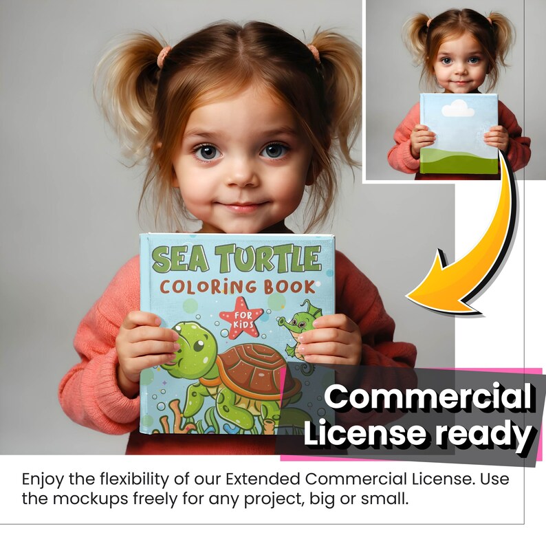 May include: A young girl holds a coloring book with a sea turtle on the cover. The book is titled "Sea Turtle Coloring Book" and has the words "For Kids" on it. The book is blue, green, and orange. The girl is wearing a pink sweater.