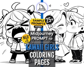 Midjourney Kawaii Girls Coloring Pages Prompt Guide | 25+ Sample Prompts, Visual Set-Up & Easy-to-Follow Instructions + FREE UPDATES