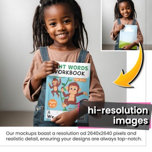 May include: A young girl is holding a blue and green workbook with the title "HT WORDS WORKBOOK FOR KIDS". The workbook features cartoon monkeys and the text "Ages 4-6".