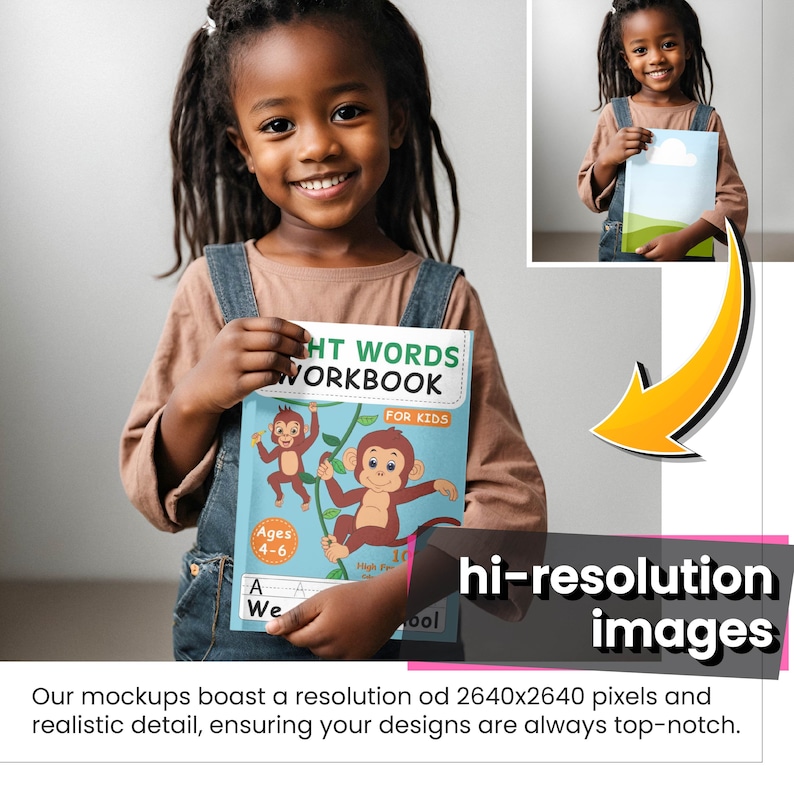 May include: A young girl is holding a blue and green workbook with the title "HT WORDS WORKBOOK FOR KIDS". The workbook features cartoon monkeys and the text "Ages 4-6".