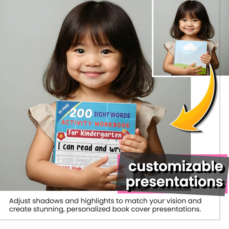 Pu&ograve; includere: Una bambina tiene in mano un libro colorato intitolato "200 Sight Words Activity Workbook for Kindergarten". La copertina del libro presenta un fiore, un aquilone e il testo "I can read and write".