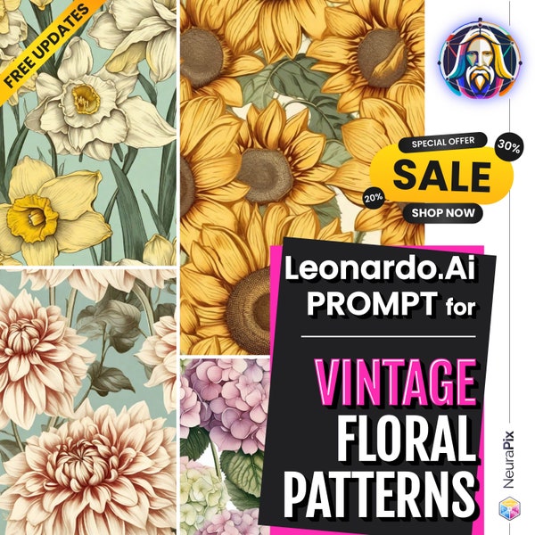 Leonardo.Ai Seamless Pattern Prompt Guide Vintage Floral Theme | Visual Set-Up, 25+ Prompts, FREE Updates Included | PDF Download
