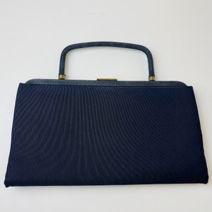 RARE Vintage GARAY Evening Clutch-Hinged/Handle tucked inside. Black Faille Silk and Blue/Purple Satin w/Goldtone Trim. 1950's.