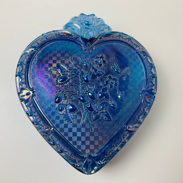 Eye-Catching Vintage Fenton Blue Carnival Jewelry Box - Wild Strawberry Pattern Adds a Touch of Whimsy to Your Vanity