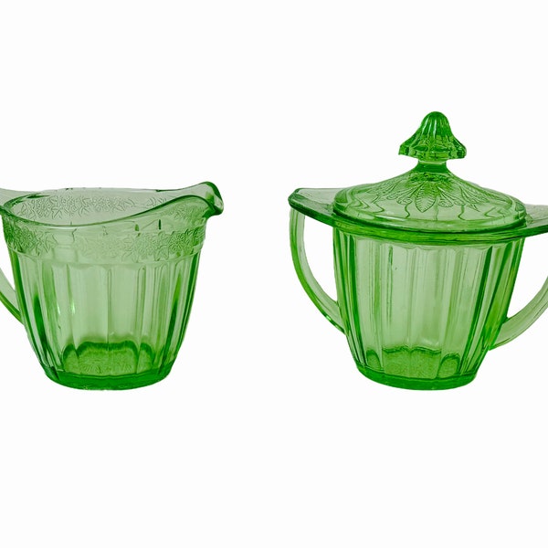 Stunning Rare Jeannette Adam Pattern Glass Vaseline often referred to as Uranium Glass Cream & Sugar Set w/Lid