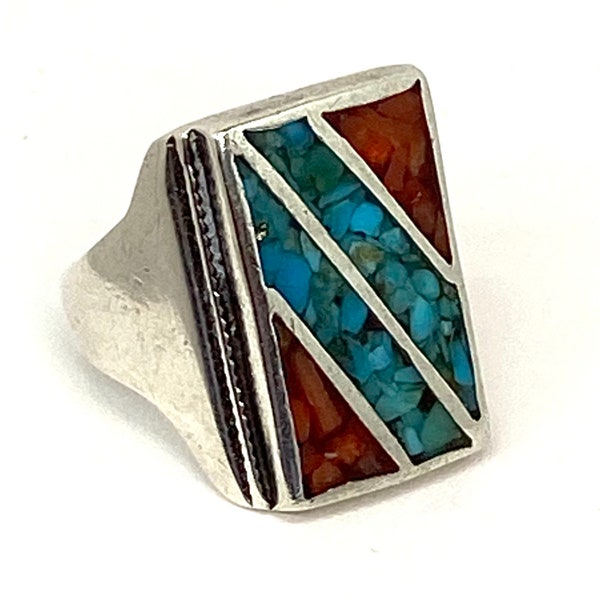 Vintage old pawn, turquoise, coral chip inlay men’s ring