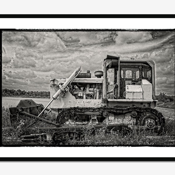 Fine Art Photography Print - Gritty Old Bulldozer Heavy Equipment black and white wall art framed photo home or office decor