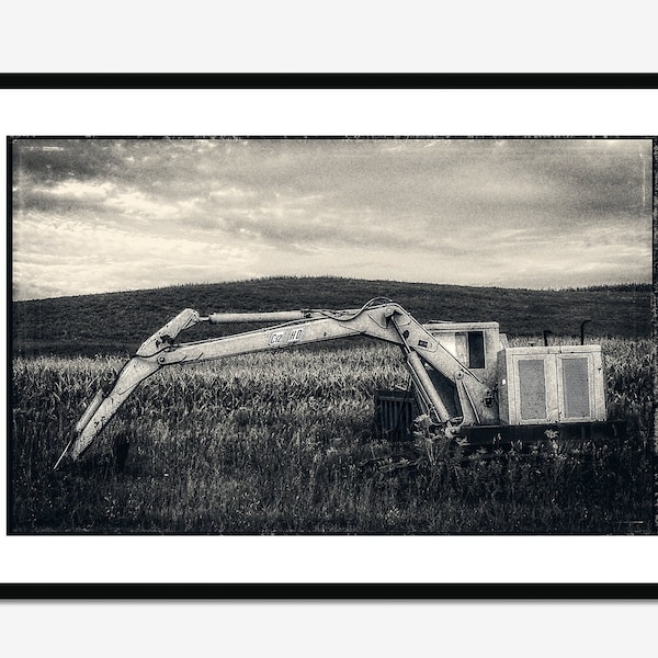 Fine Art Photography Print - Gritty Heavy Equipment old excavator black and white photo wall art for home or office decor