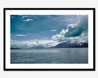 Fine Art Photography Print - Beautiful Full Color Photo of Glacier Bay Alaska with Blue Sky White Clouds and Distant Mountains Home Decor