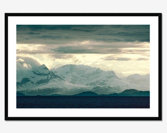 Fine Art Photography Print - Distant Snow Covered Mountains in Glacier Bay Alaska Home Decor Wall Art