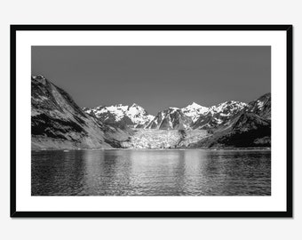 Fine Art Photography Print - Glacier and Snow Capped Mountains in Glacier Bay Alaska Black and White Home Decor Wall Art
