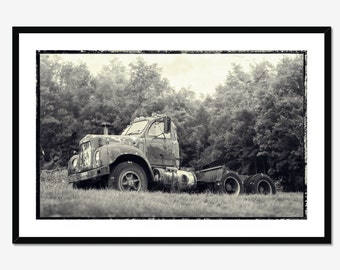 Fine Art Photography Print - Gritty Old 1961 B-67 Mack Truck Black and White Photographic Wall Art Decor Found in Bellows Falls, VT